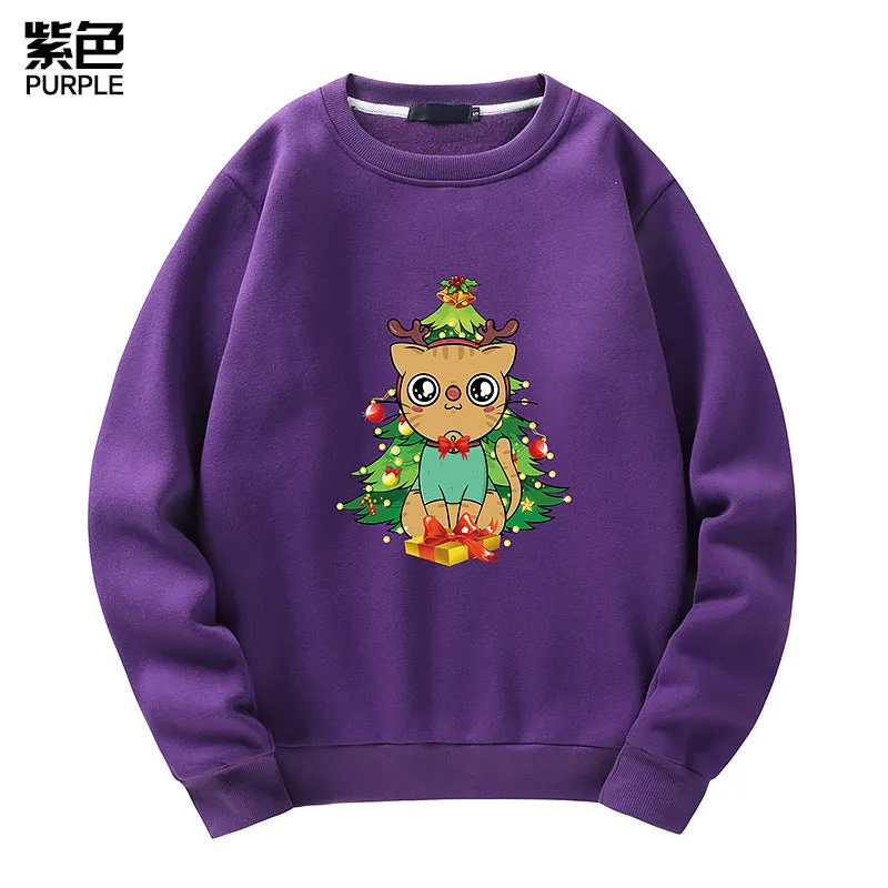 Men's Christmas Cat Print Crew Neck Sweatshirt