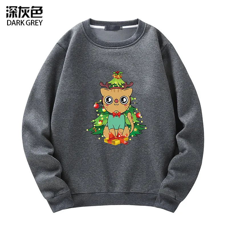 Men's Christmas Cat Print Crew Neck Sweatshirt