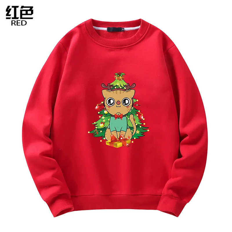 Men's Christmas Cat Print Crew Neck Sweatshirt