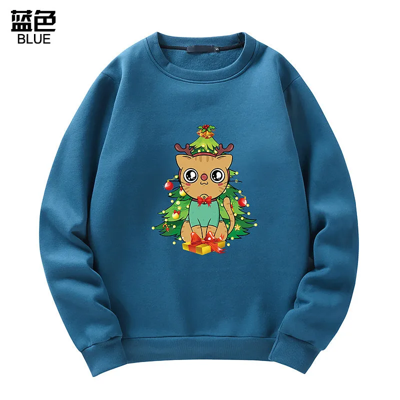 Men's Christmas Cat Print Crew Neck Sweatshirt