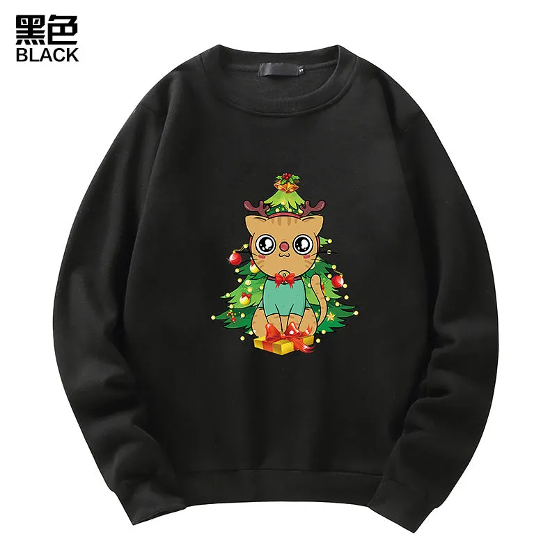 Men's Christmas Cat Print Crew Neck Sweatshirt