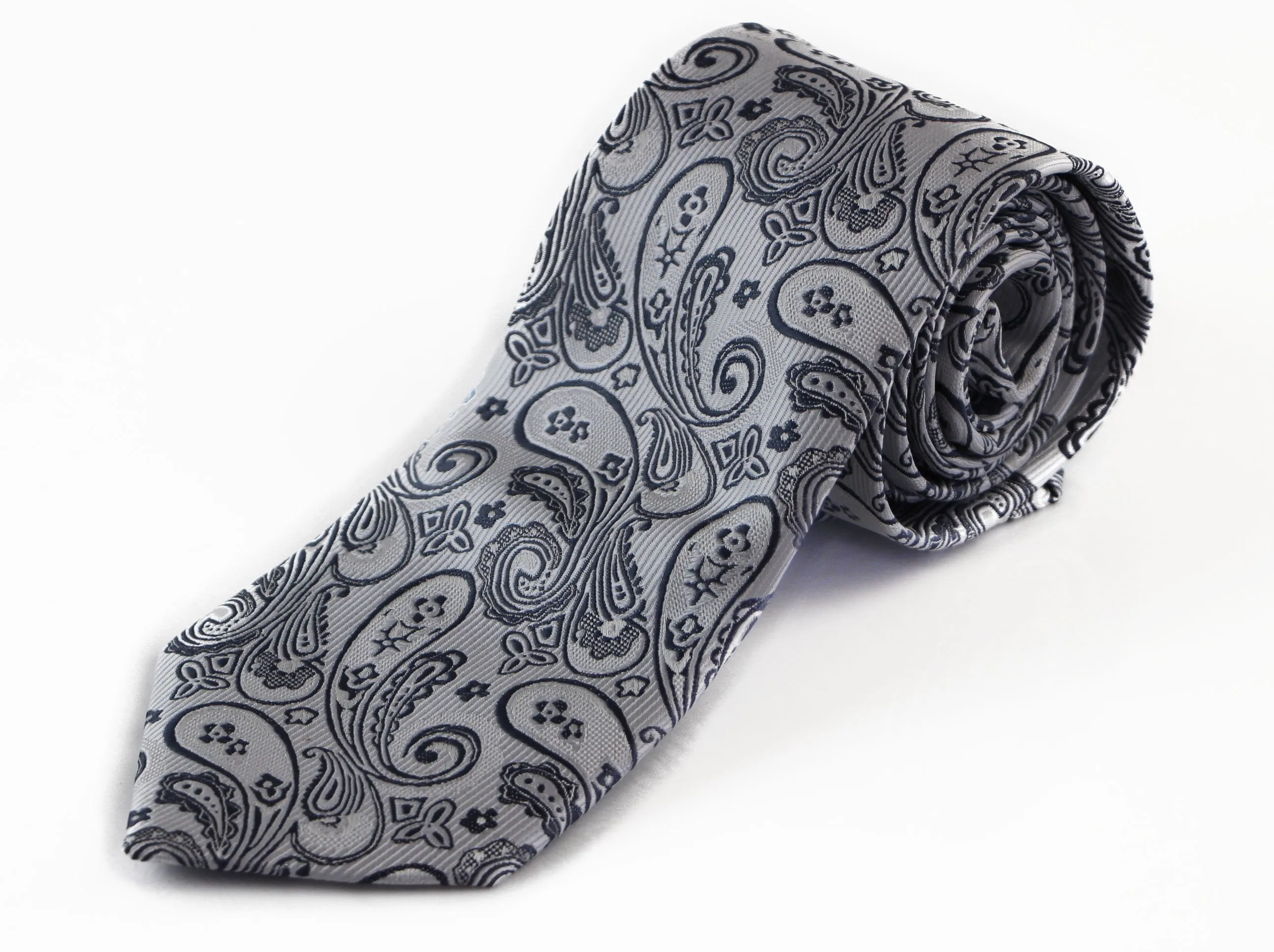 Mens Silver & Dark Grey Paisley Patterned 8cm Neck Tie