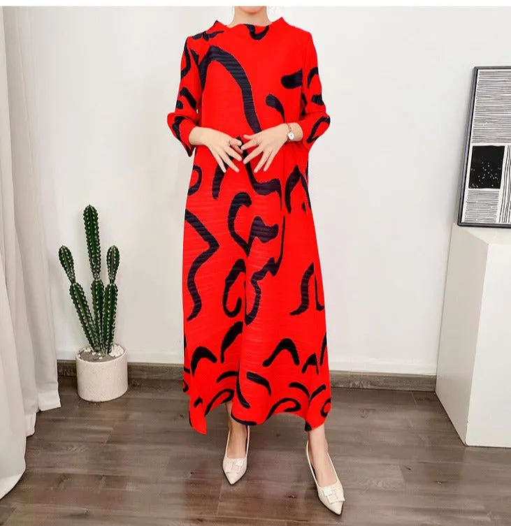 Miyake Pleated Printed O-Neck Maxi Dress