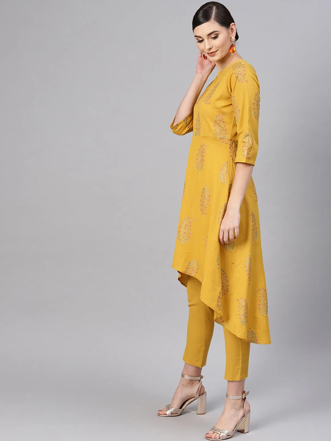 Mustard Paisely High Low Kurta With Mustard Pants