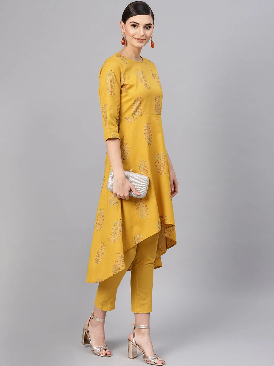 Mustard Paisely High Low Kurta With Mustard Pants