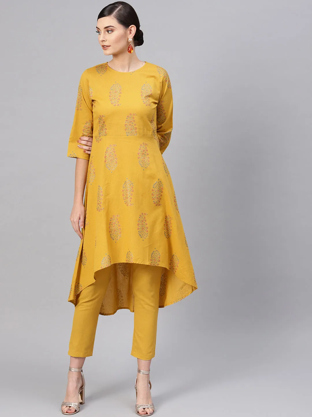 Mustard Paisely High Low Kurta With Mustard Pants