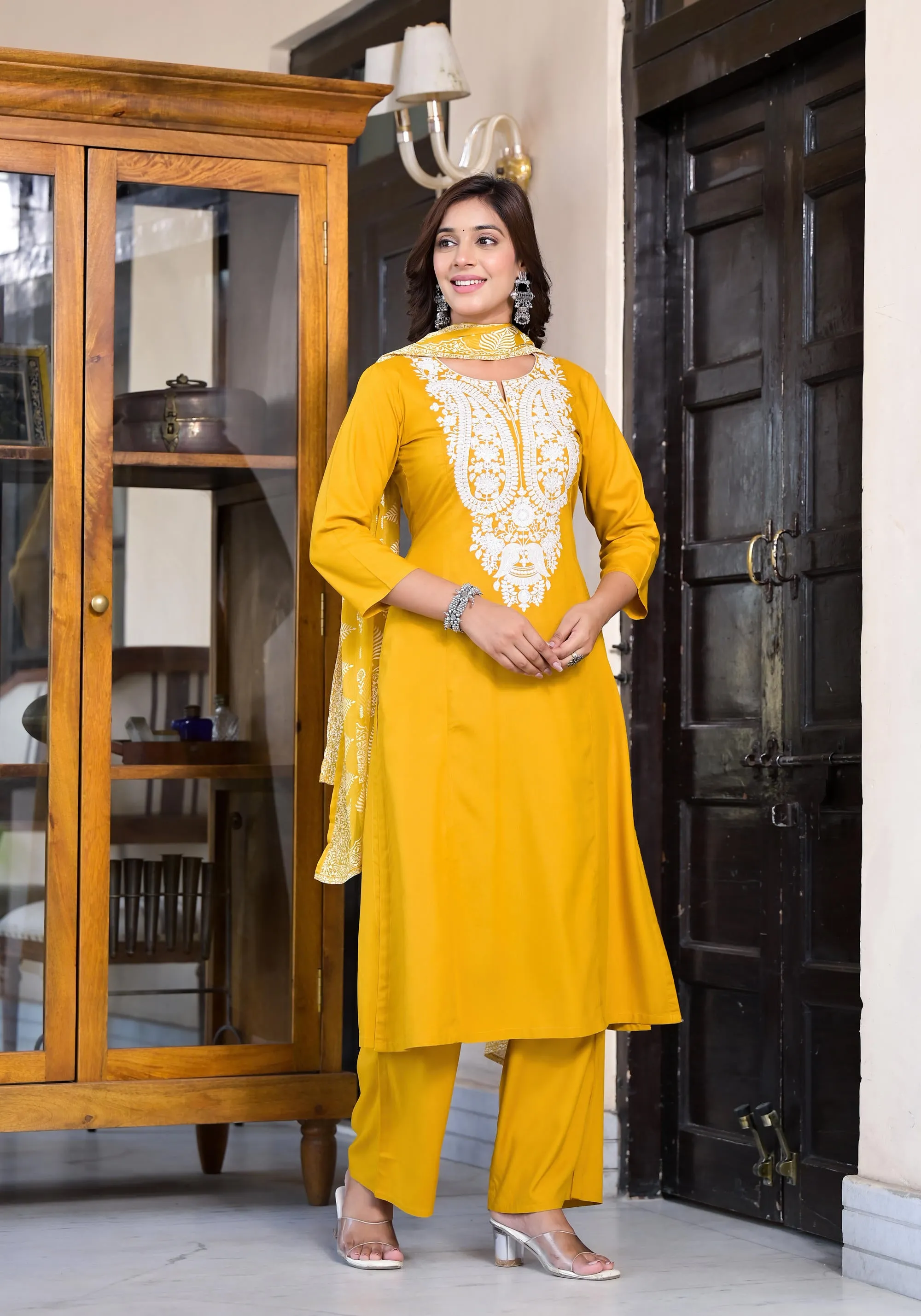 Mustard Thread Embroidered Rayon Kurta Set