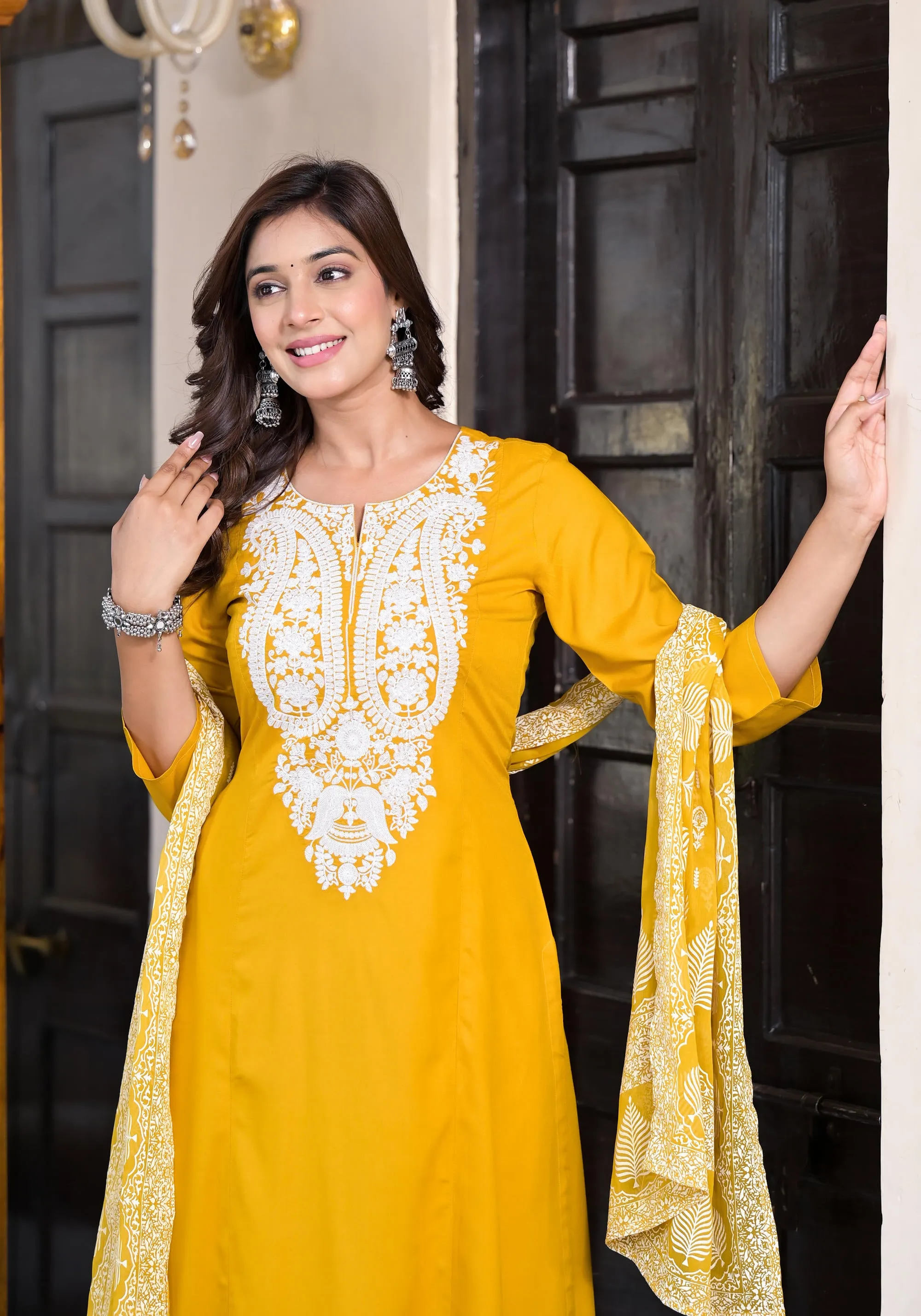 Mustard Thread Embroidered Rayon Kurta Set