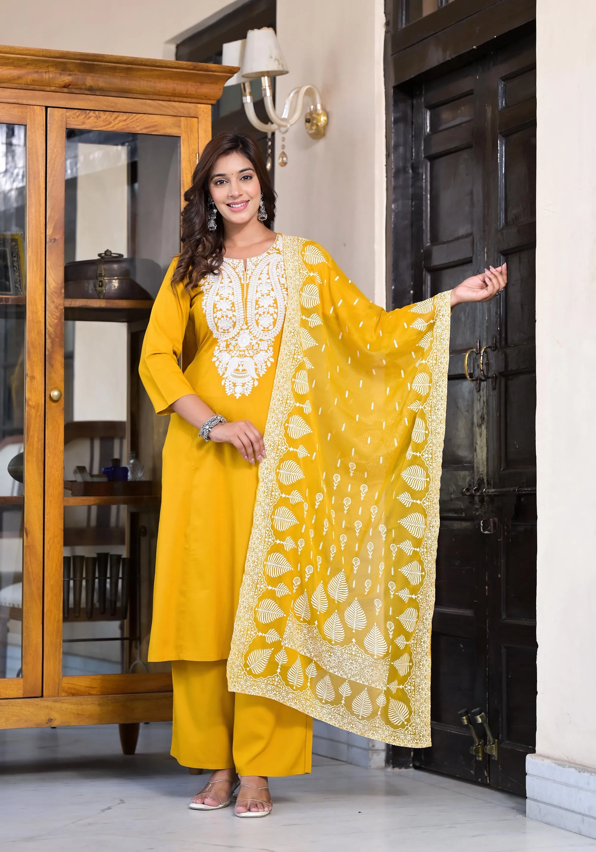 Mustard Thread Embroidered Rayon Kurta Set