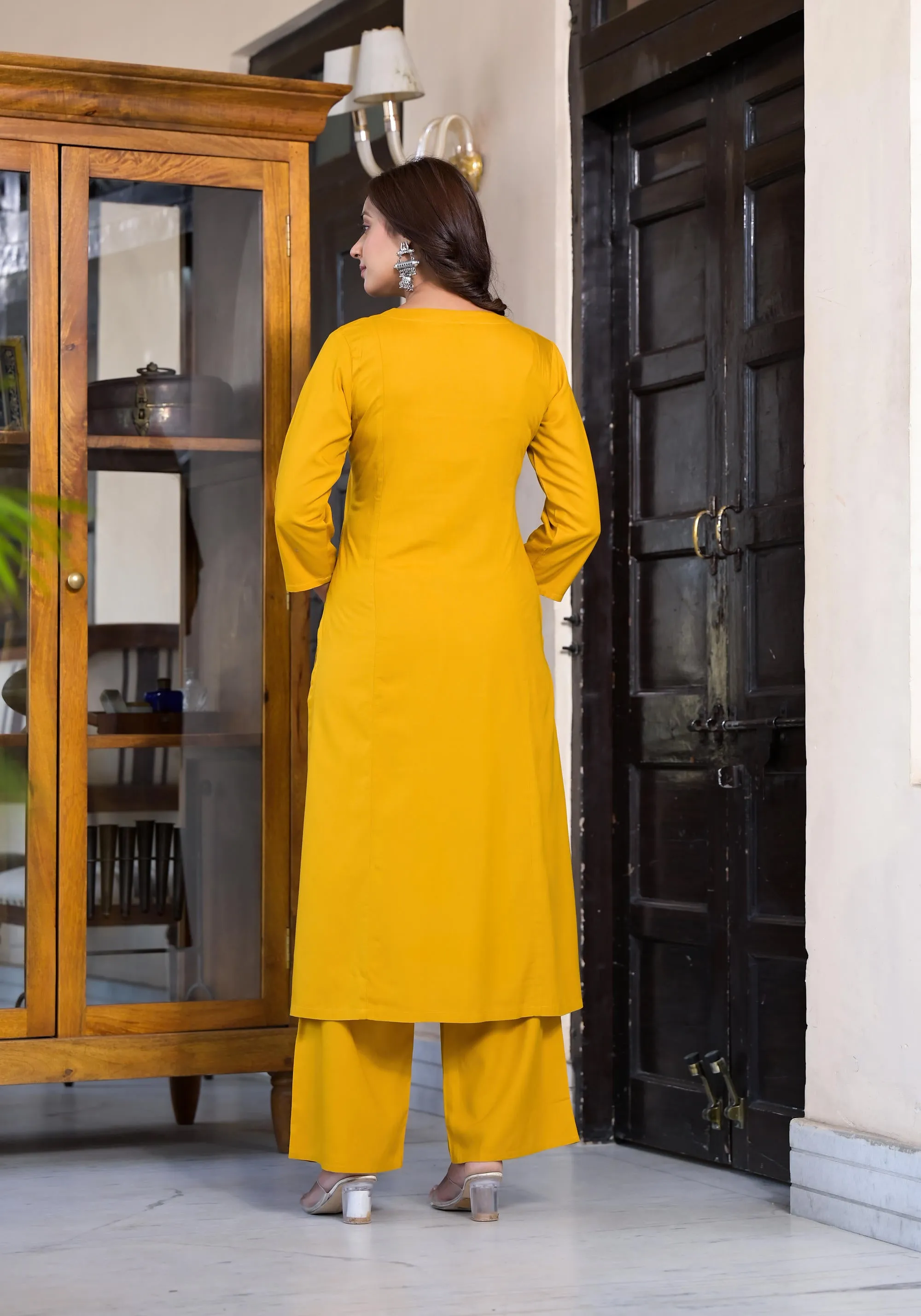 Mustard Thread Embroidered Rayon Kurta Set