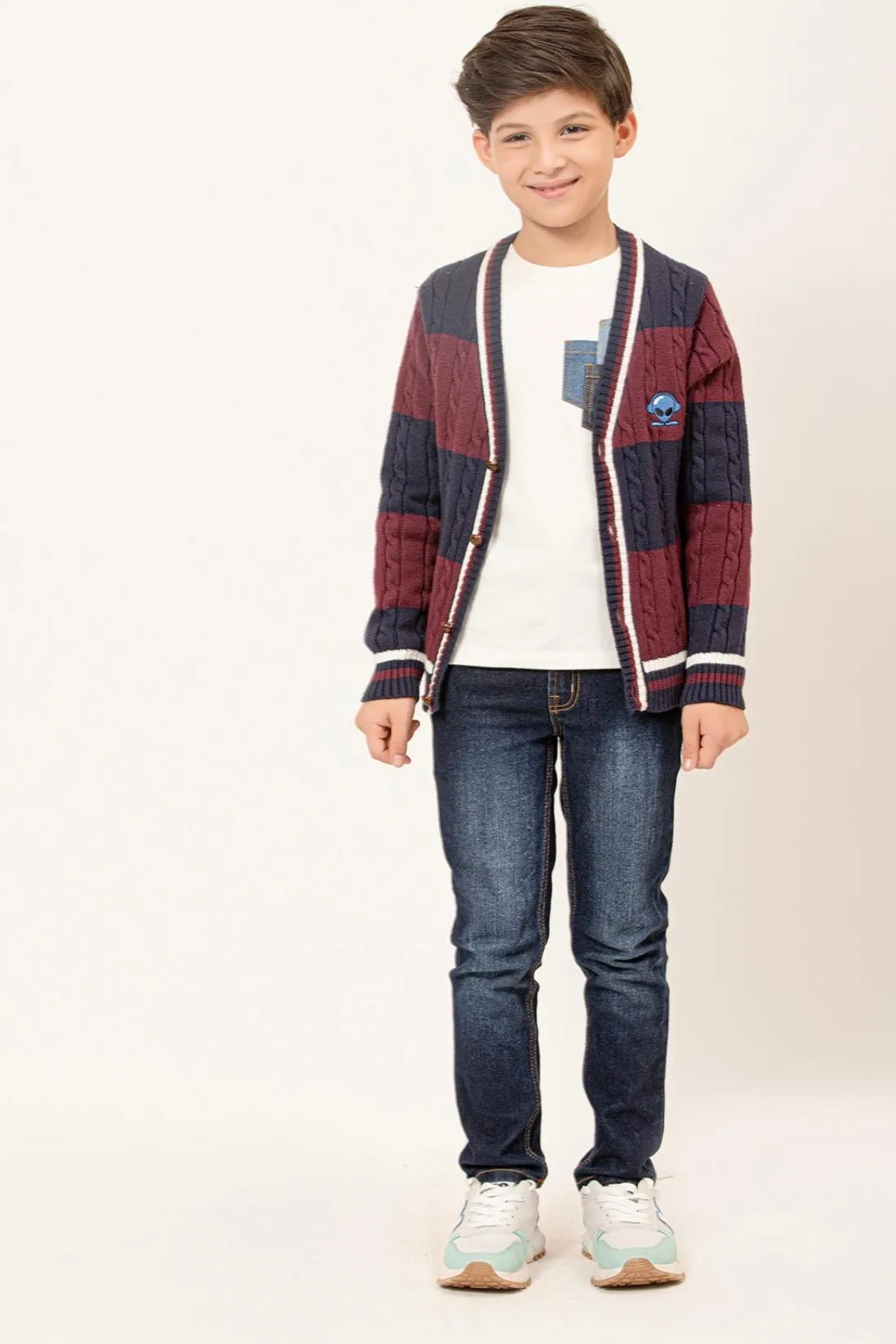 One Friday Kids Boys  Blue & Burgundy Stripes Cardigan