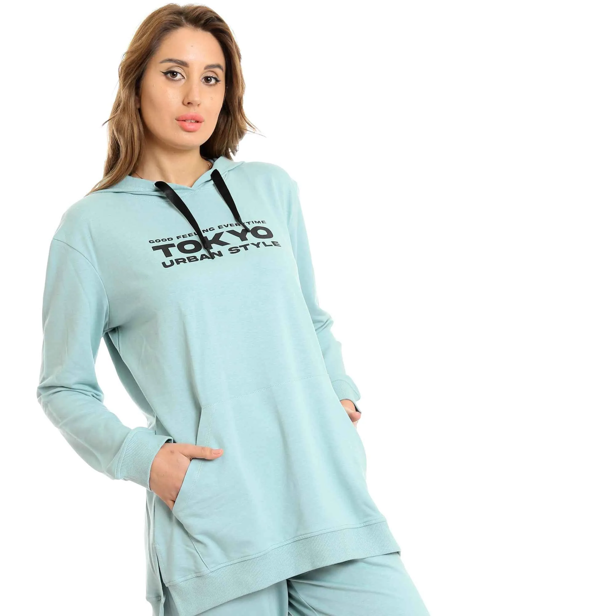 Printed Tokyo Long Hoodie & Pants Pajama Set - Mint