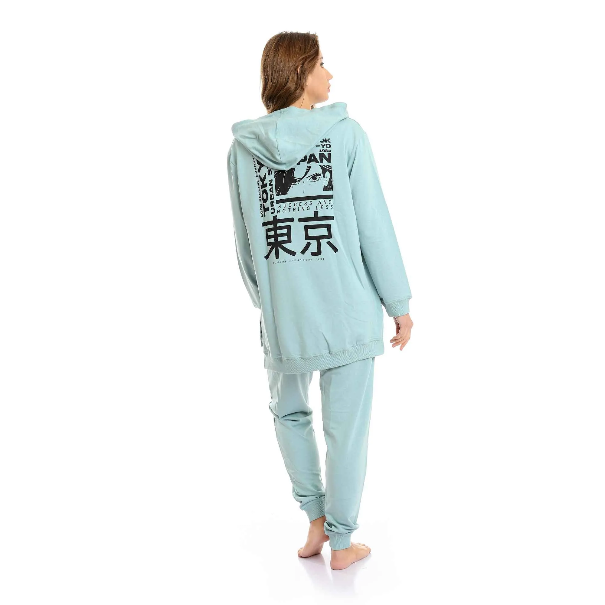 Printed Tokyo Long Hoodie & Pants Pajama Set - Mint