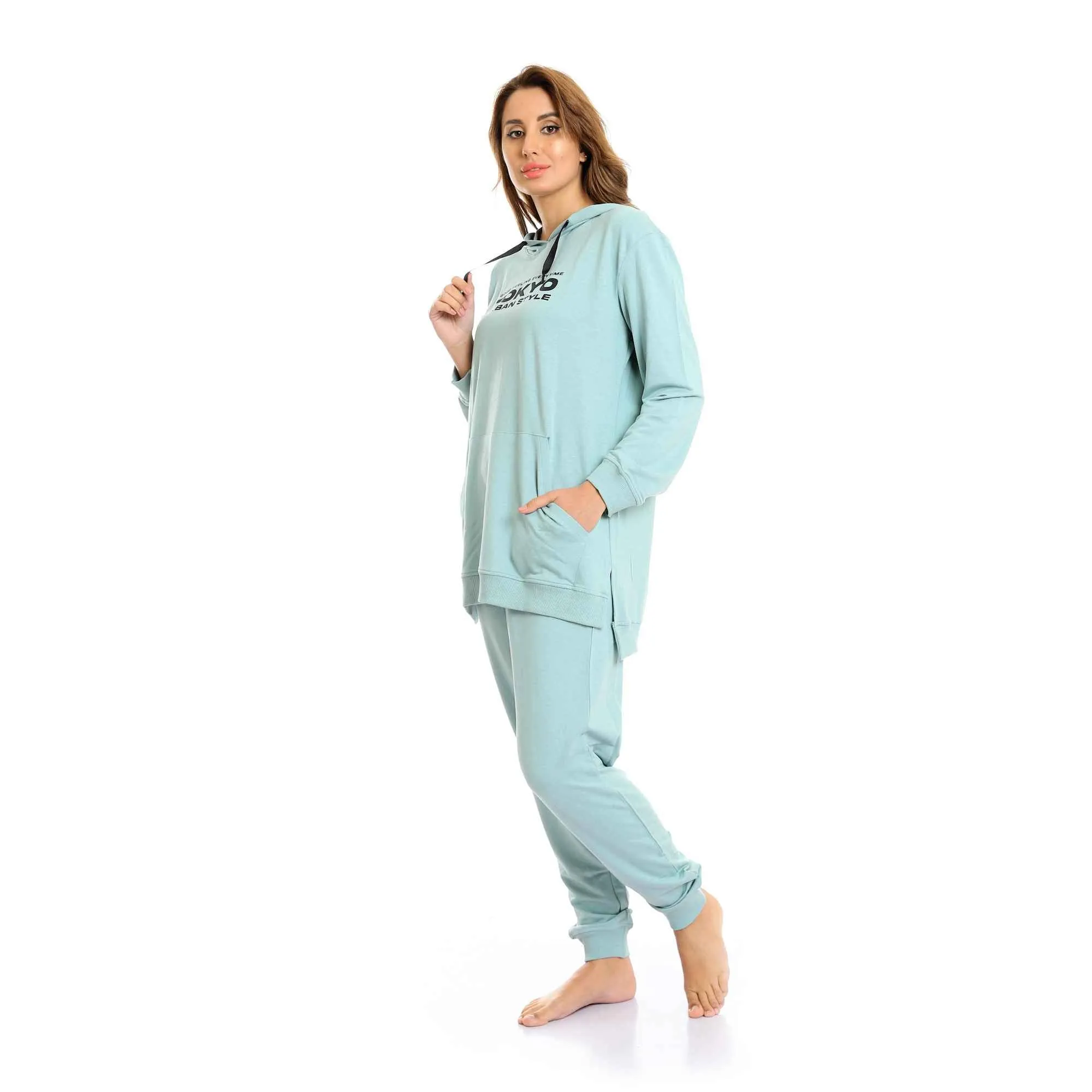 Printed Tokyo Long Hoodie & Pants Pajama Set - Mint