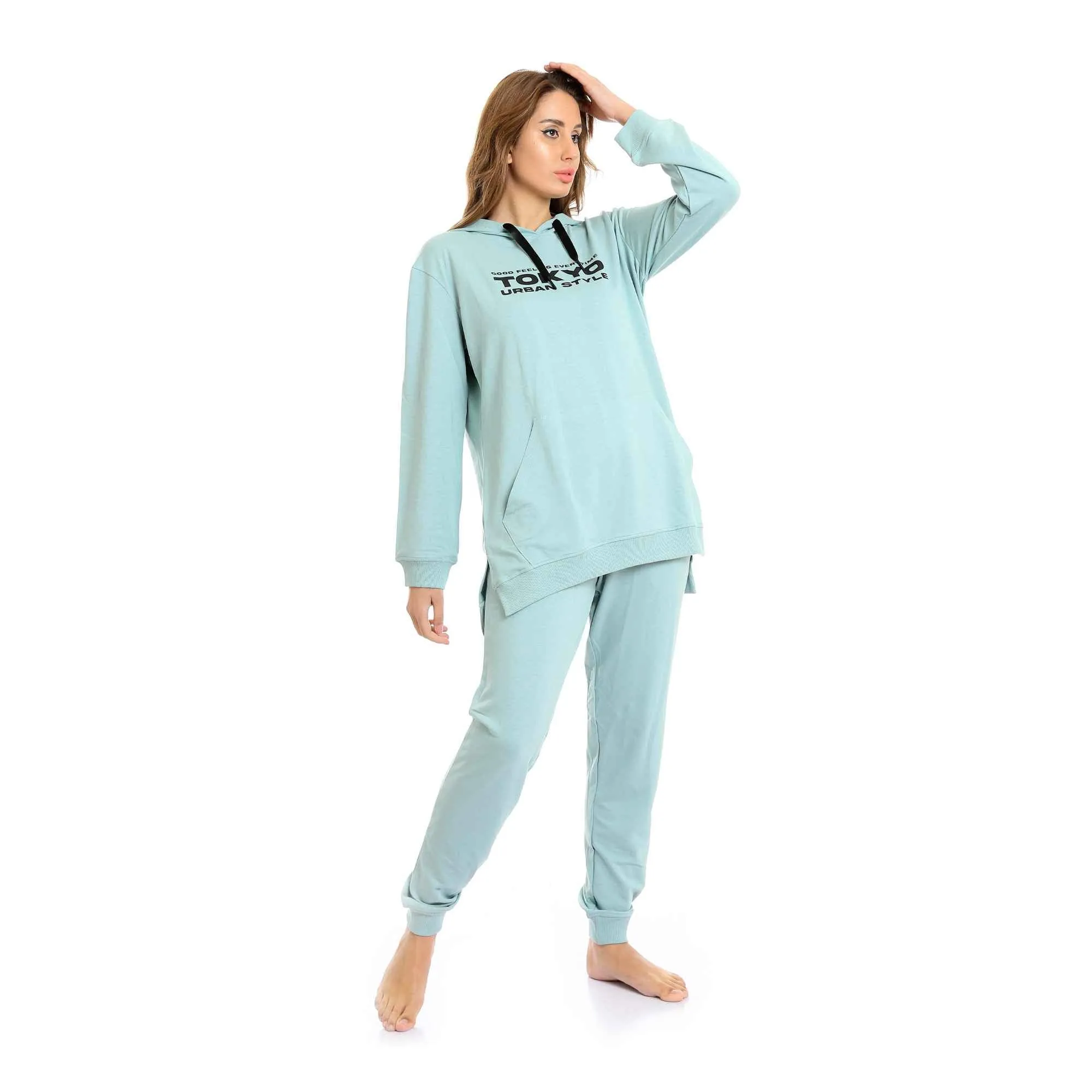 Printed Tokyo Long Hoodie & Pants Pajama Set - Mint