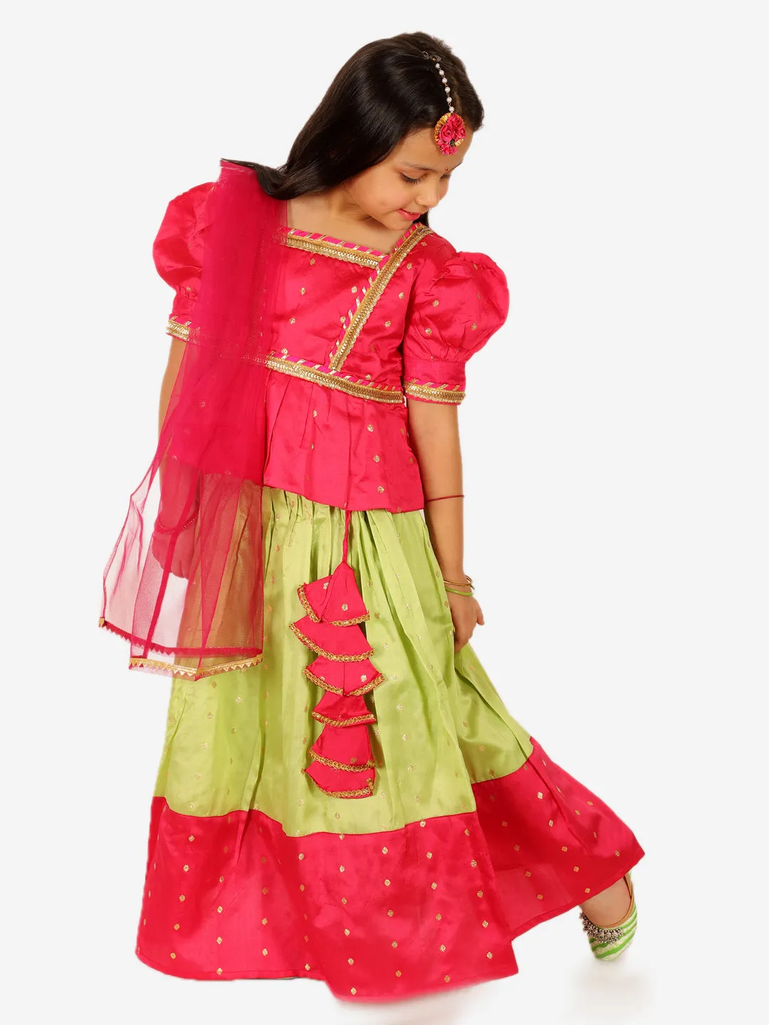 Puff Sleeve Choli Lehenga with Dupatta for Girls- Pink