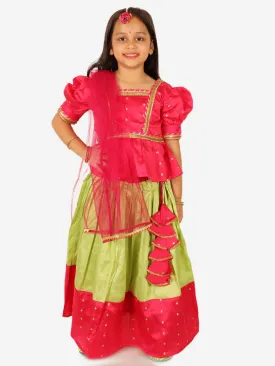 Puff Sleeve Choli Lehenga with Dupatta for Girls- Pink