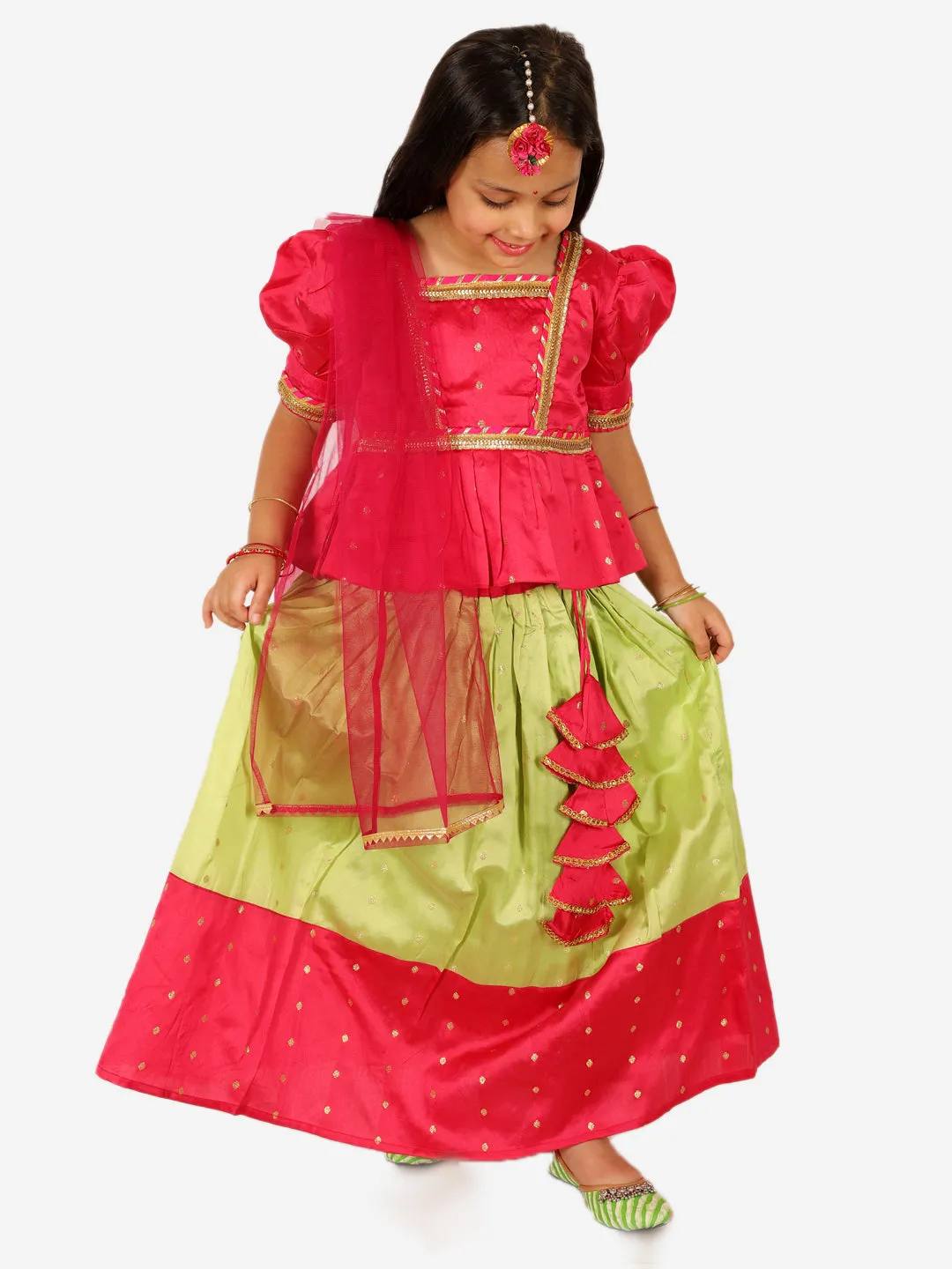 Puff Sleeve Choli Lehenga with Dupatta for Girls- Pink