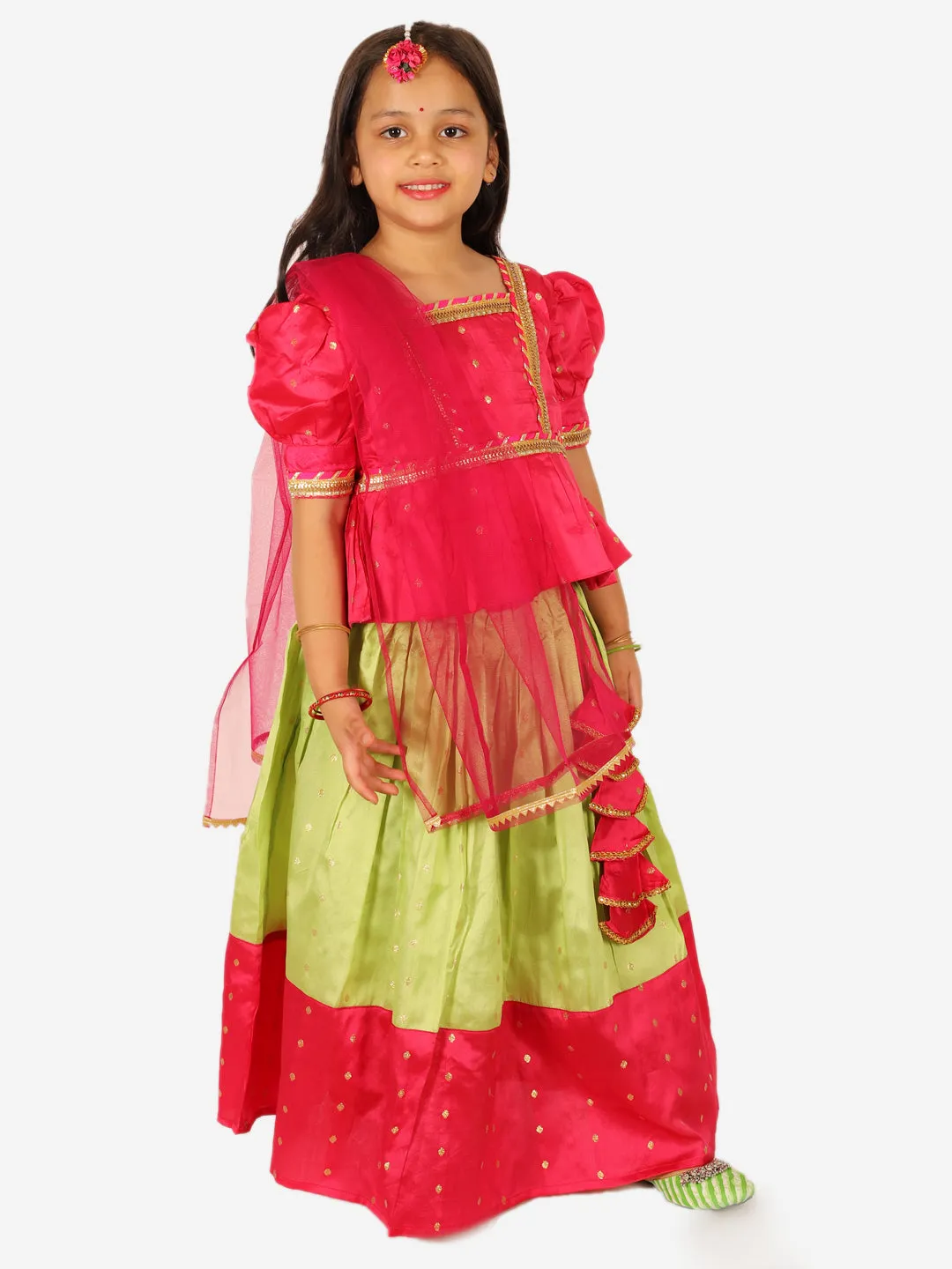 Puff Sleeve Choli Lehenga with Dupatta for Girls- Pink