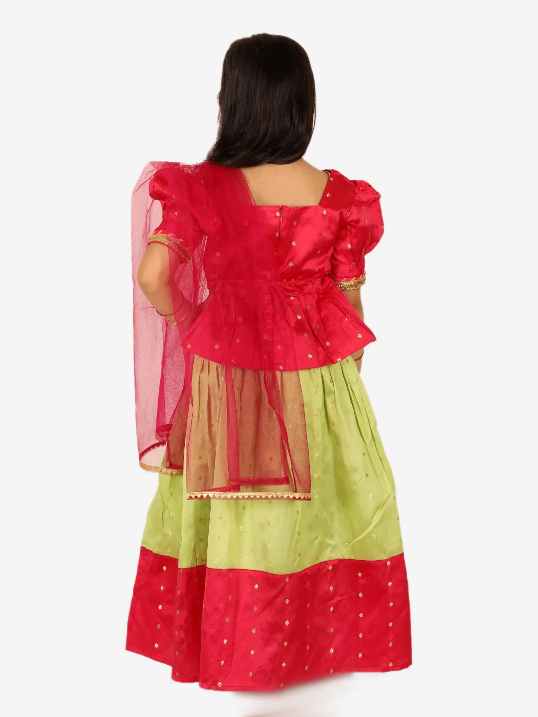 Puff Sleeve Choli Lehenga with Dupatta for Girls- Pink