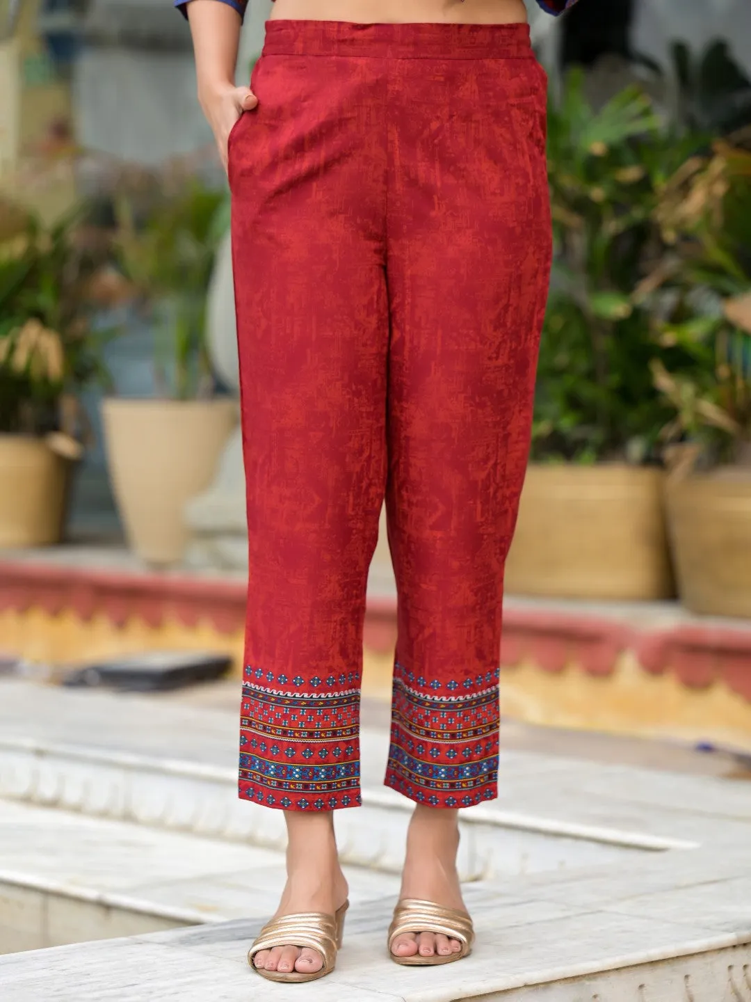 Red Ethnic Motif Printed Liva Rayon Kurta Pant And Dupatta Set With Coins & Sequins