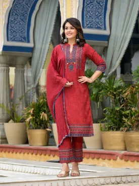 Red Ethnic Motif Printed Liva Rayon Kurta Pant And Dupatta Set With Coins & Sequins