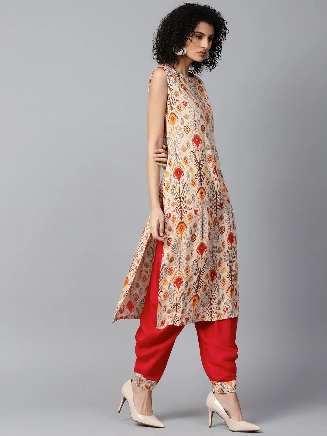 Red Printed Sleeveless Cotton Kurta With Red Ankle Length Dhoti