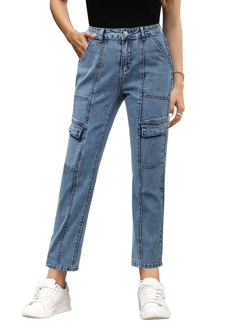 Reef Blue Cargo High Waisted Straight Leg Stretchy Distressed Denim Pants for Women