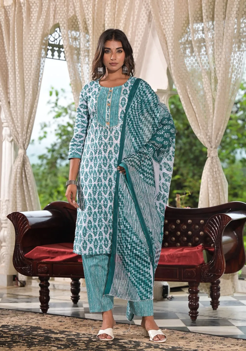 Sea Green Ethnic Motif Printed Cotton Kurta, Pant And Dupatta Set With Lace & Buttons