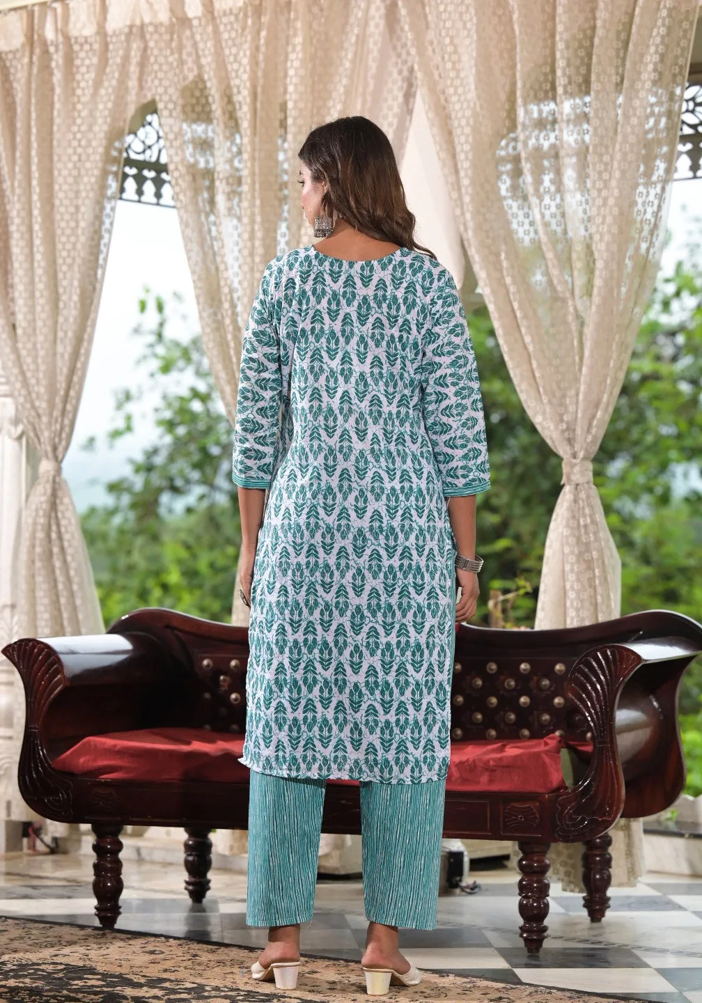 Sea Green Ethnic Motif Printed Cotton Kurta, Pant And Dupatta Set With Lace & Buttons