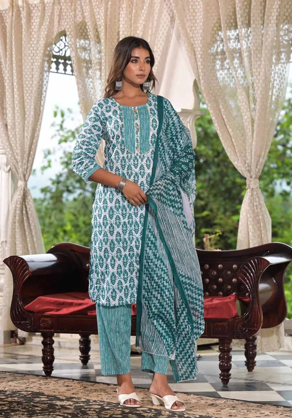 Sea Green Ethnic Motif Printed Cotton Kurta, Pant And Dupatta Set With Lace & Buttons