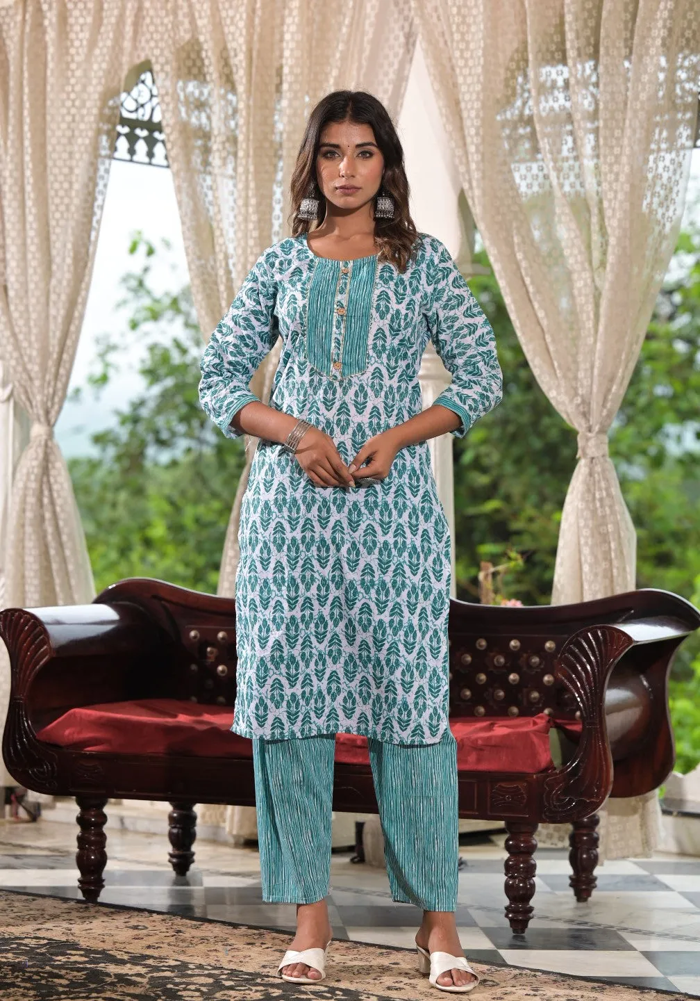 Sea Green Ethnic Motif Printed Cotton Kurta, Pant And Dupatta Set With Lace & Buttons