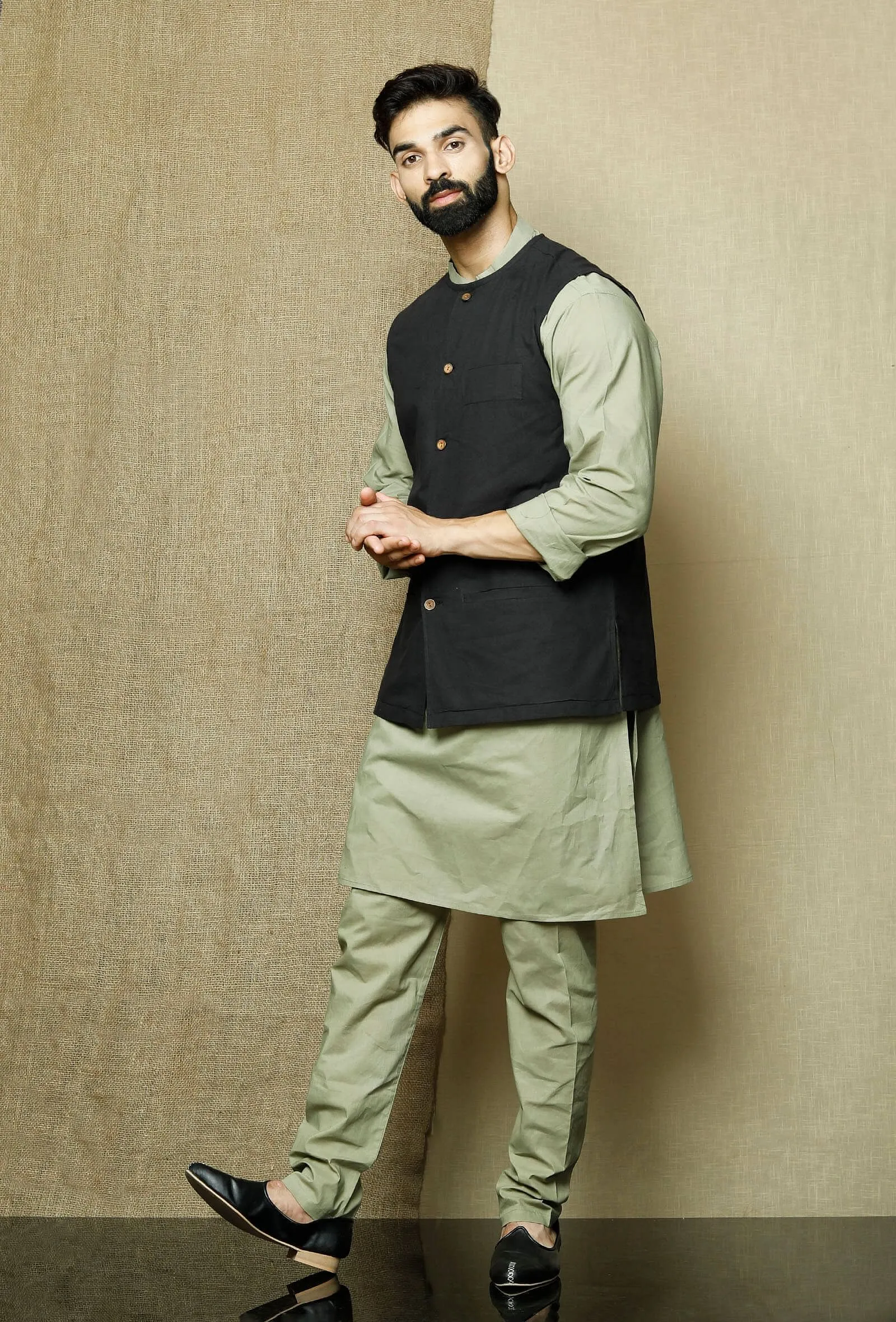 Set of 3: Sage  Cotton Kurta and Pyjama with Onyx Nehru Jacket