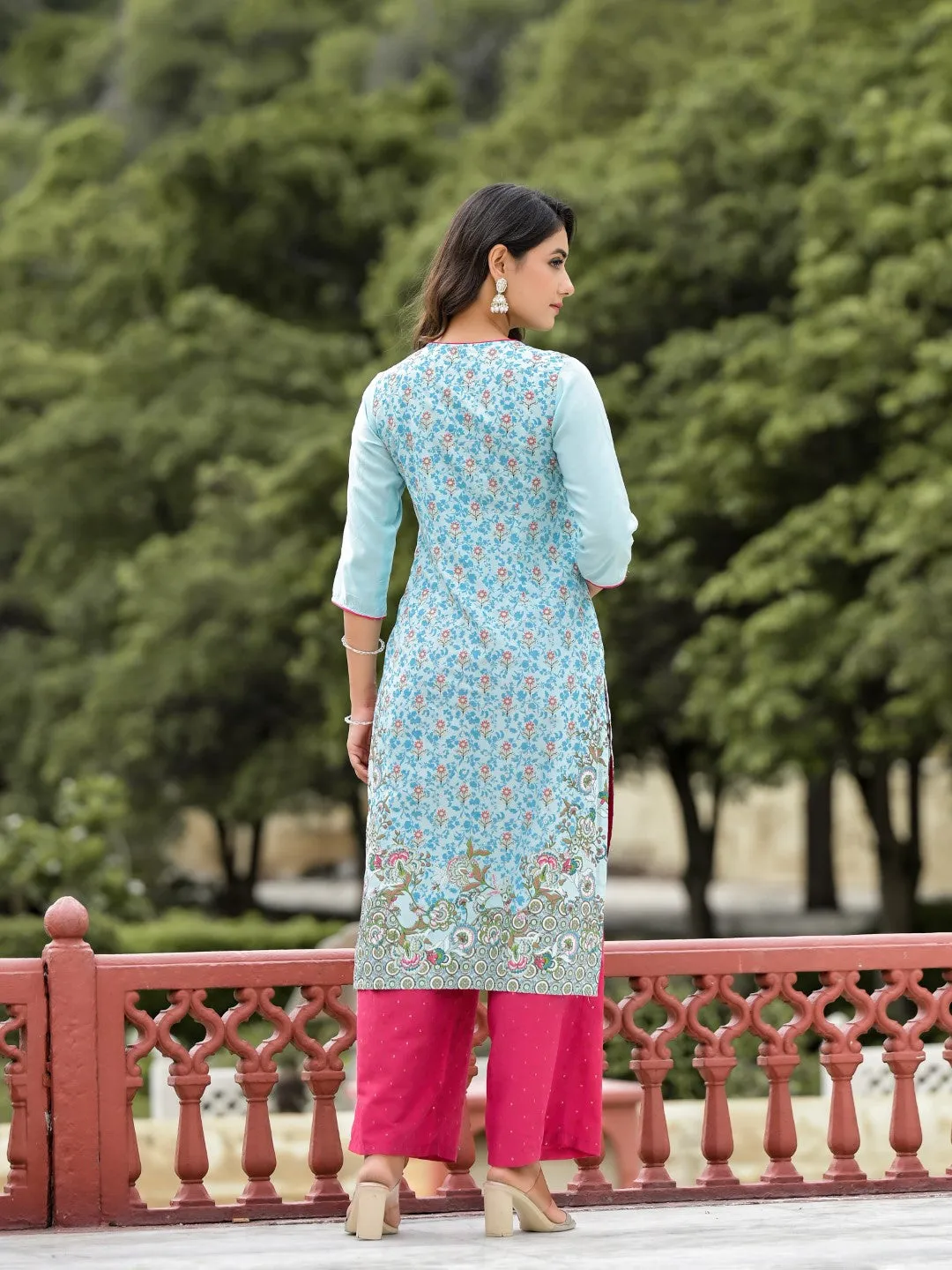 Sky Blue Ethnic Motif Printed Viscose Kurta Pant And Dupatta Set With Sequins Work And Beads Work