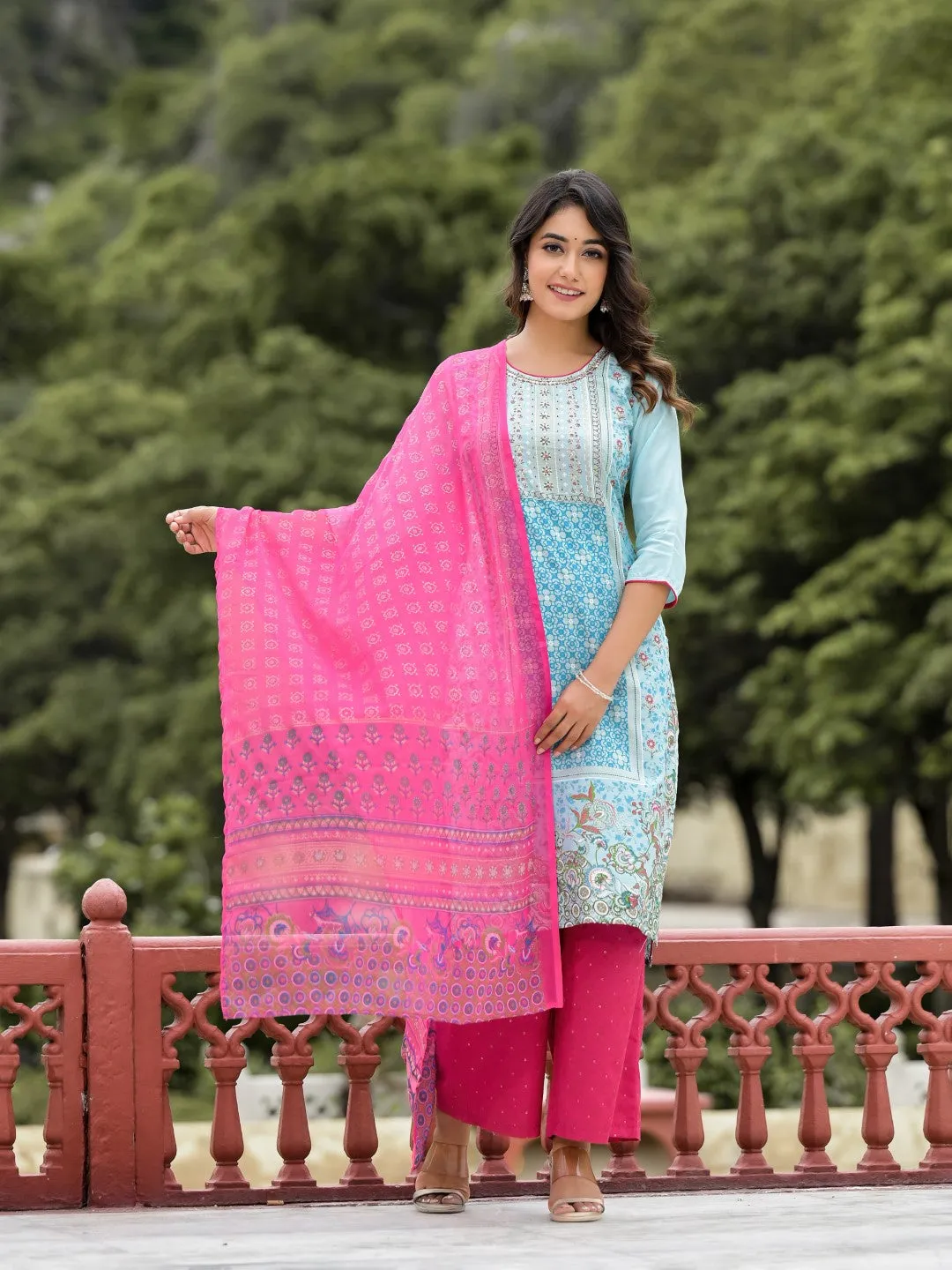 Sky Blue Ethnic Motif Printed Viscose Kurta Pant And Dupatta Set With Sequins Work And Beads Work