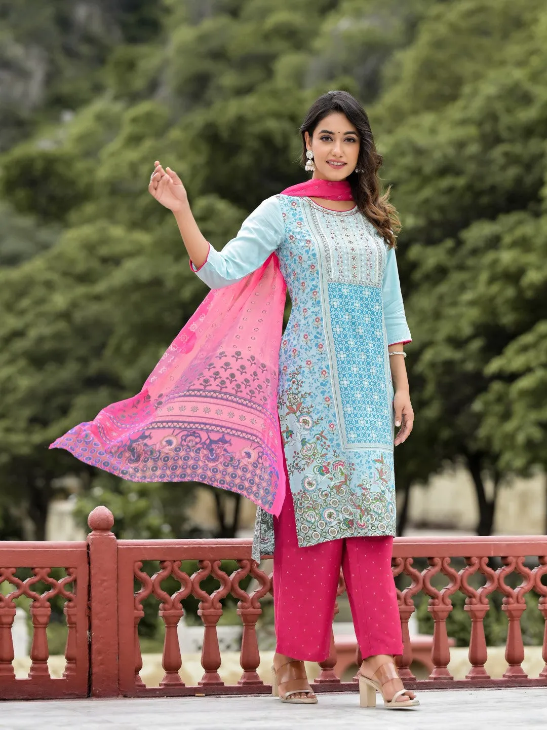 Sky Blue Ethnic Motif Printed Viscose Kurta Pant And Dupatta Set With Sequins Work And Beads Work