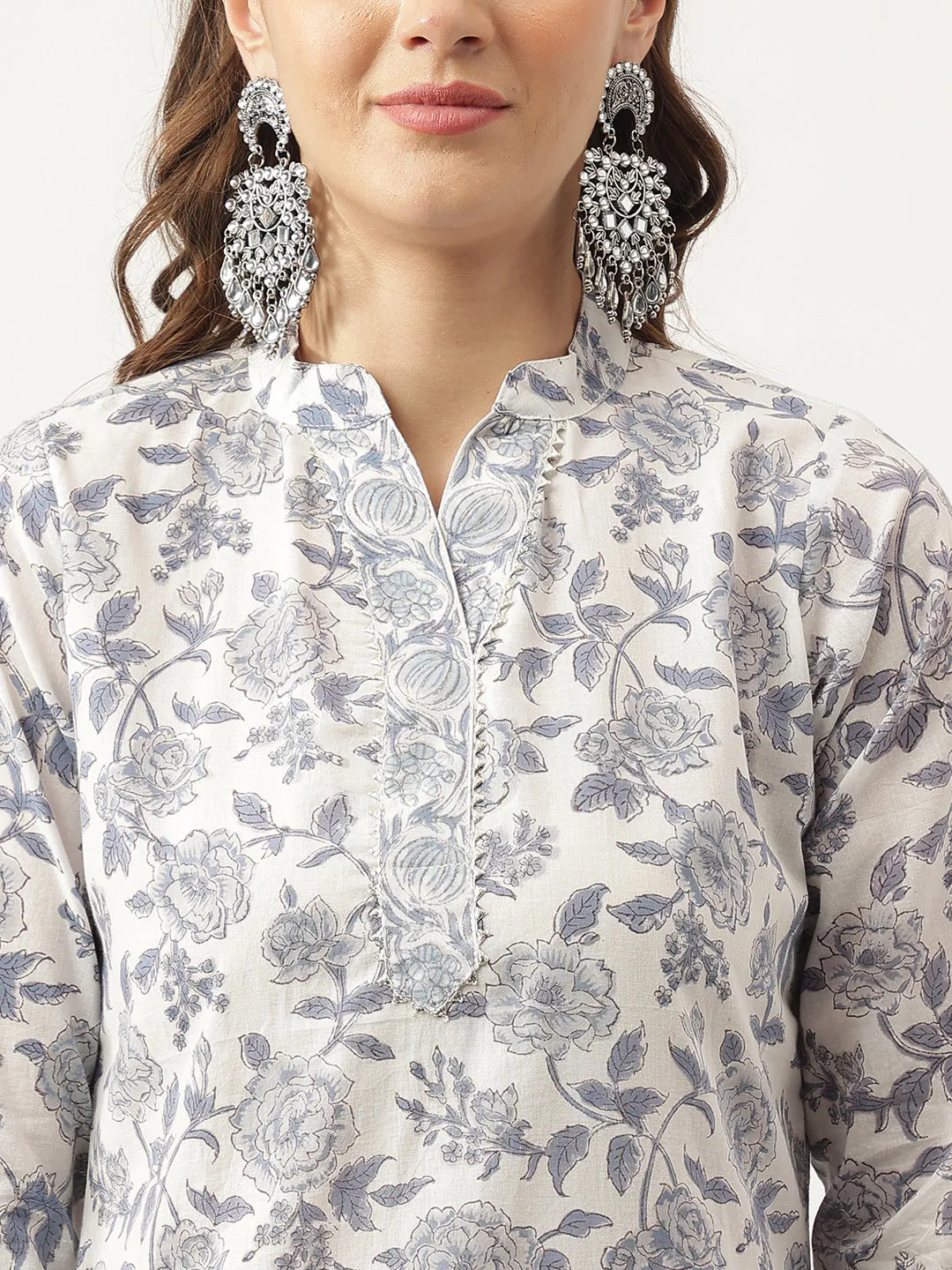 Sky Blue Floral Printed Cotton Straight Kurta, Trousers With Dupatta Set