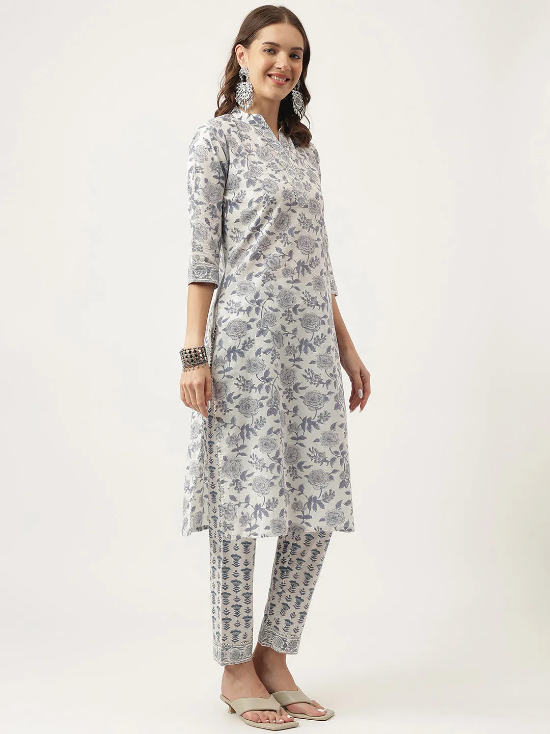 Sky Blue Floral Printed Cotton Straight Kurta, Trousers With Dupatta Set