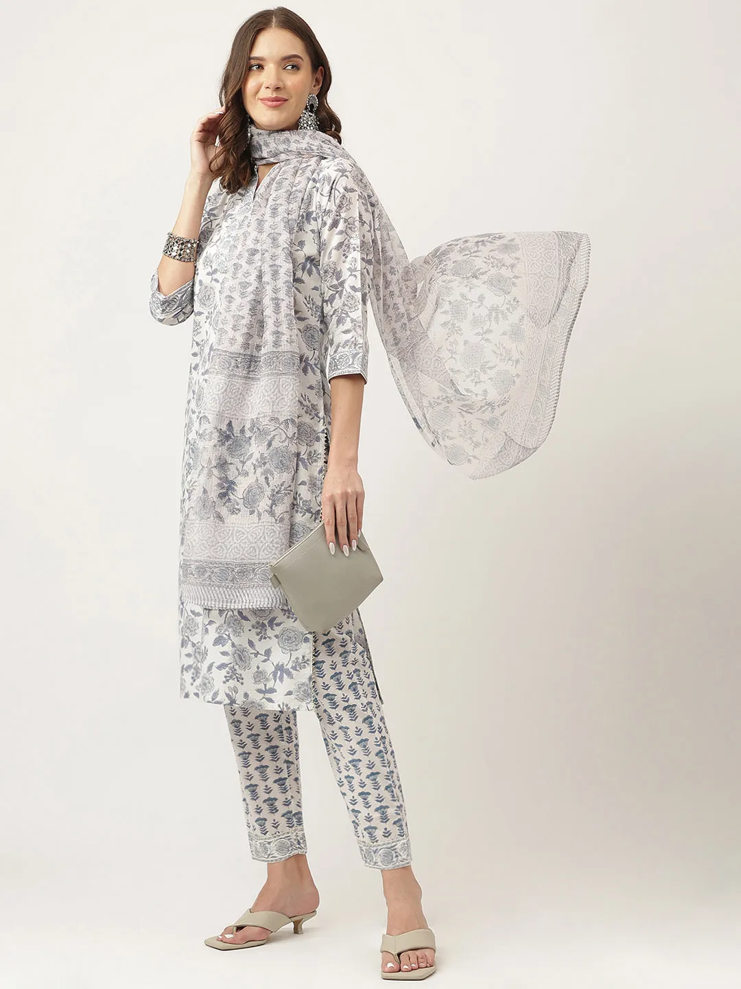 Sky Blue Floral Printed Cotton Straight Kurta, Trousers With Dupatta Set