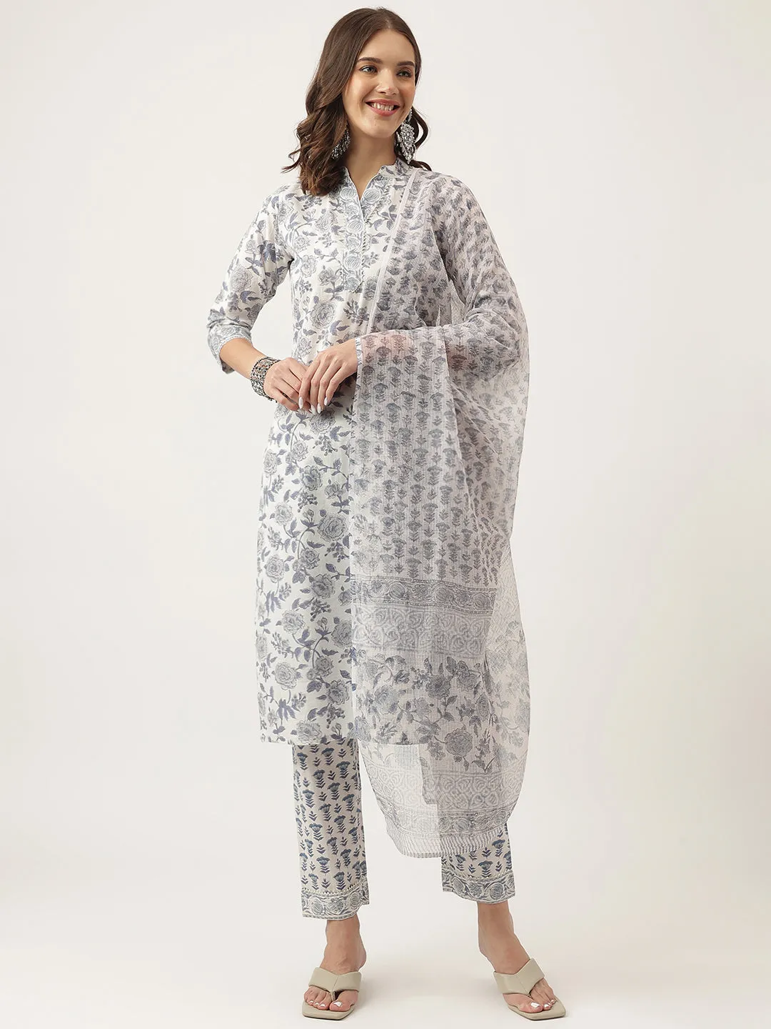 Sky Blue Floral Printed Cotton Straight Kurta, Trousers With Dupatta Set