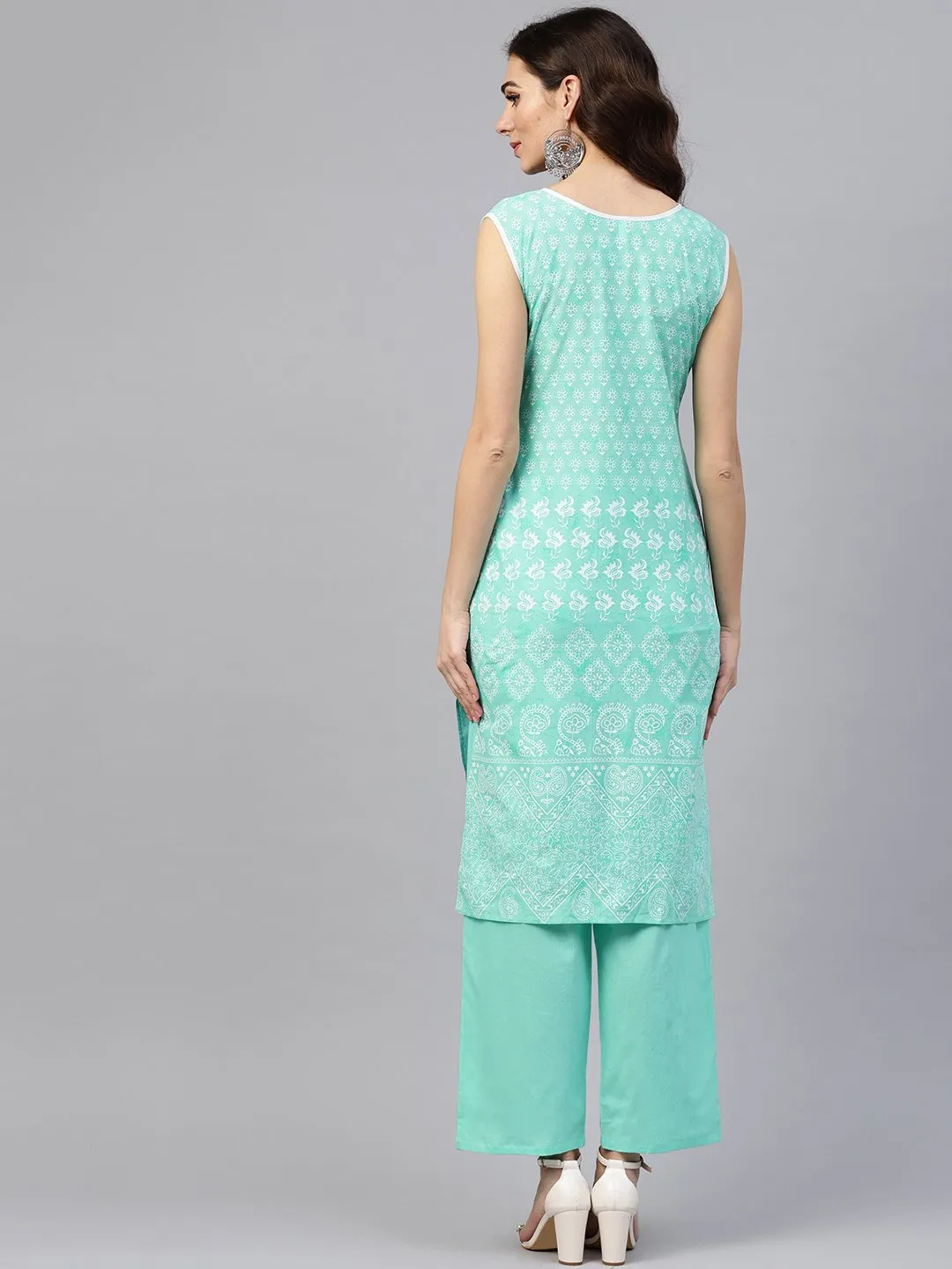 Sky Blue Sleeveless Printed Kurta Set With Solid Pants