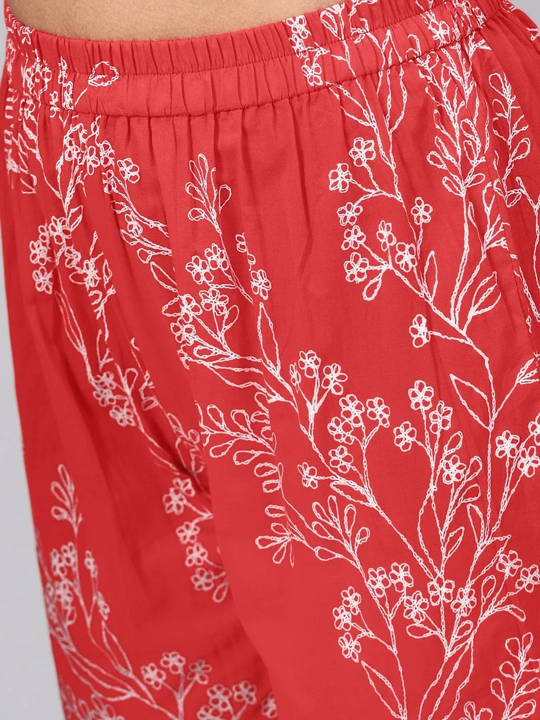 Solid Red Kurta With Detailed Printed Sleeves & Pants