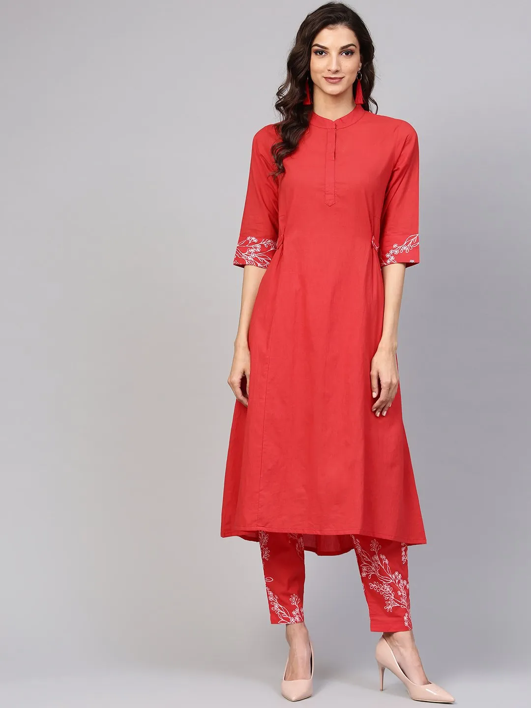 Solid Red Kurta With Detailed Printed Sleeves & Pants