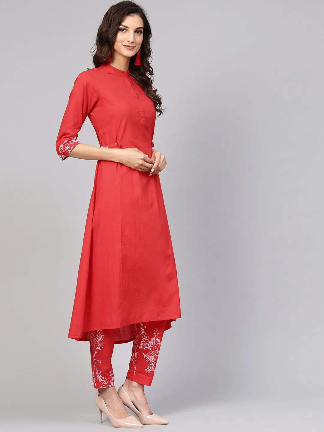 Solid Red Kurta With Detailed Printed Sleeves & Pants