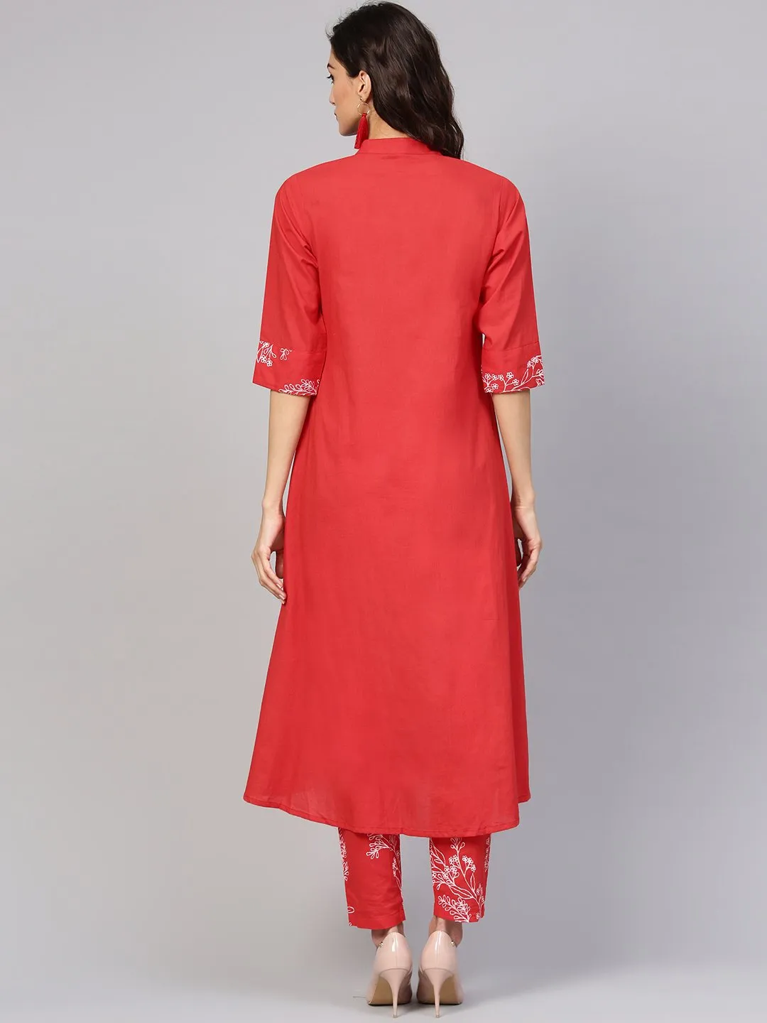 Solid Red Kurta With Detailed Printed Sleeves & Pants