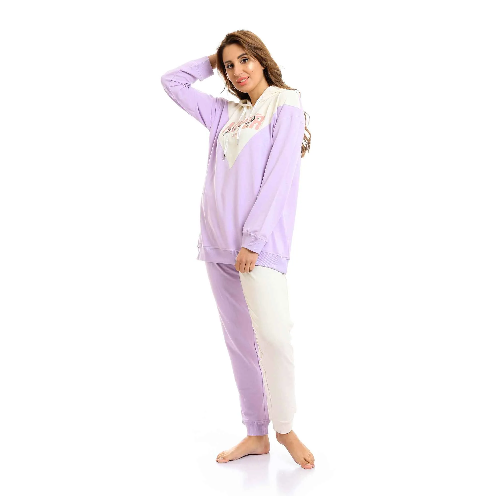 Sweatshirt Hoodi & Cotton Pants Pajama Set - Mauve