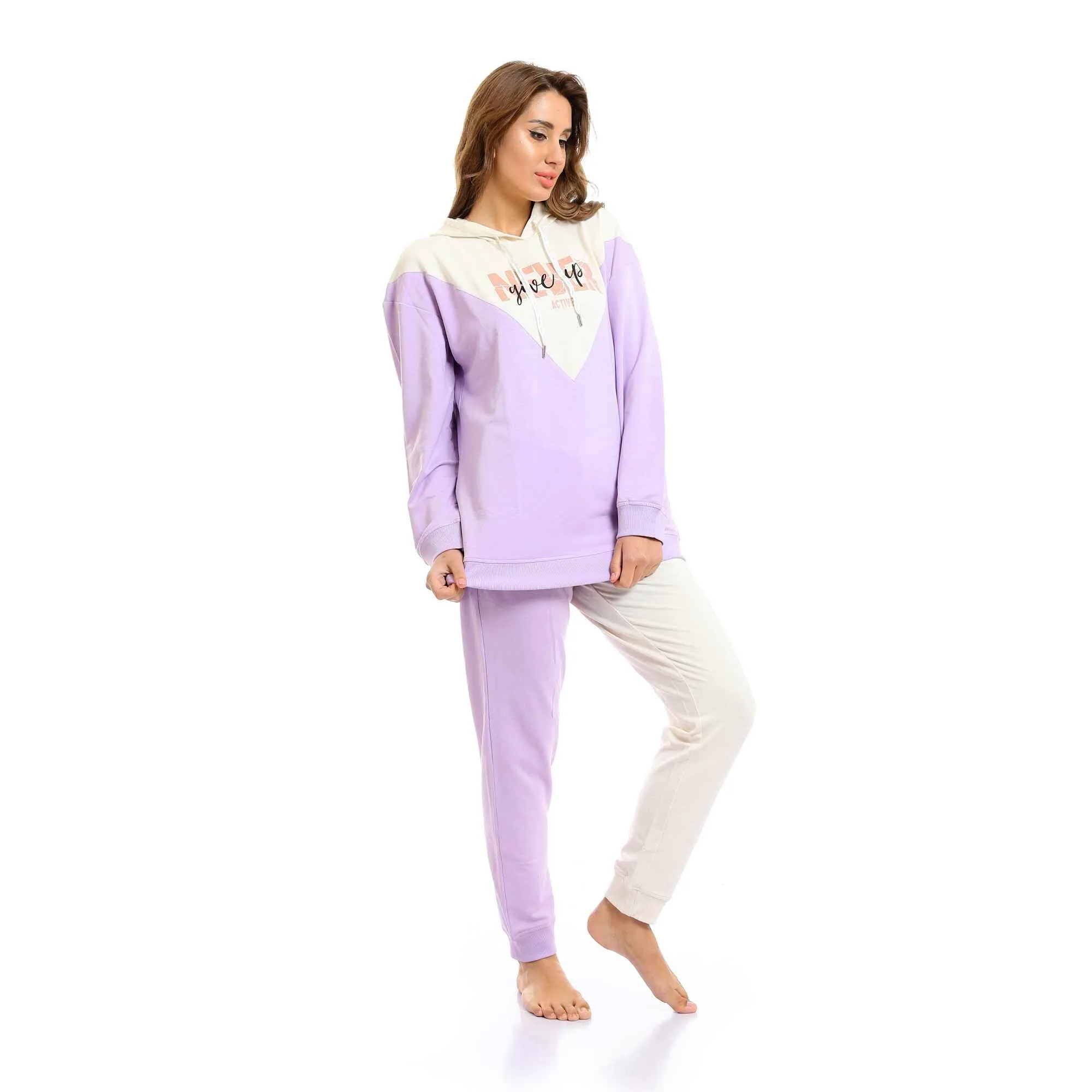 Sweatshirt Hoodi & Cotton Pants Pajama Set - Mauve