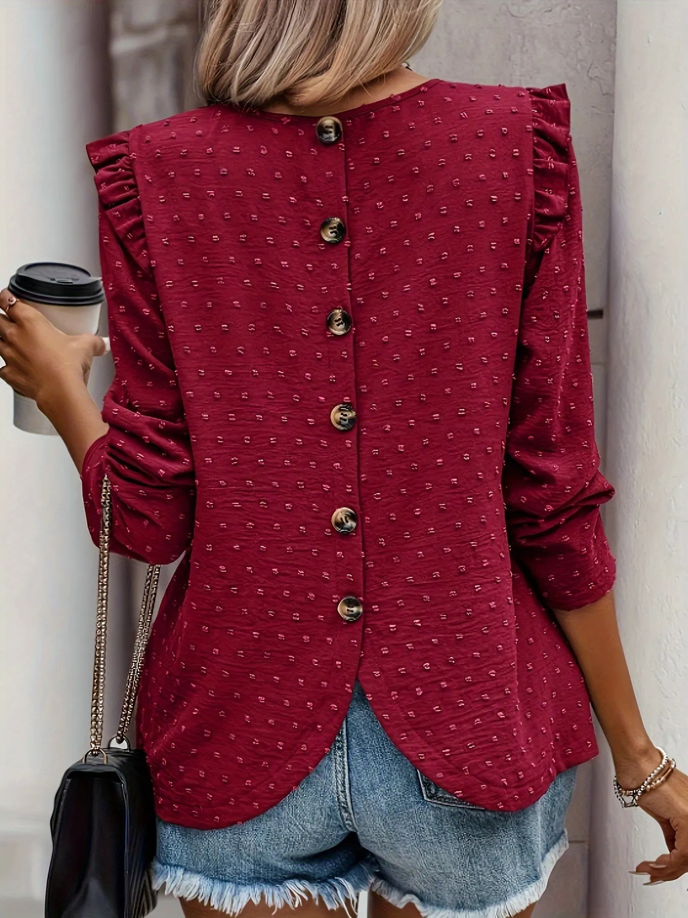 Swiss Dot Button Blouse Casual Spring  Fall Fashion for Women