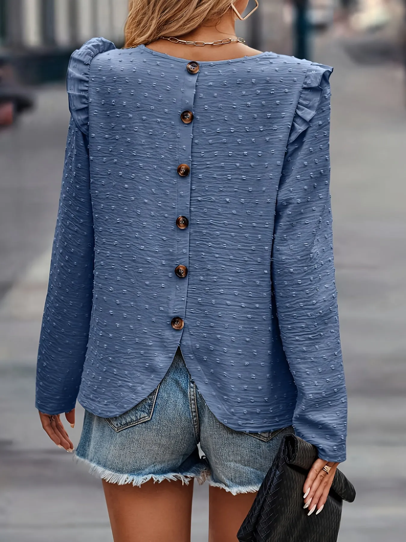 Swiss Dot Button Blouse Casual Spring  Fall Fashion for Women