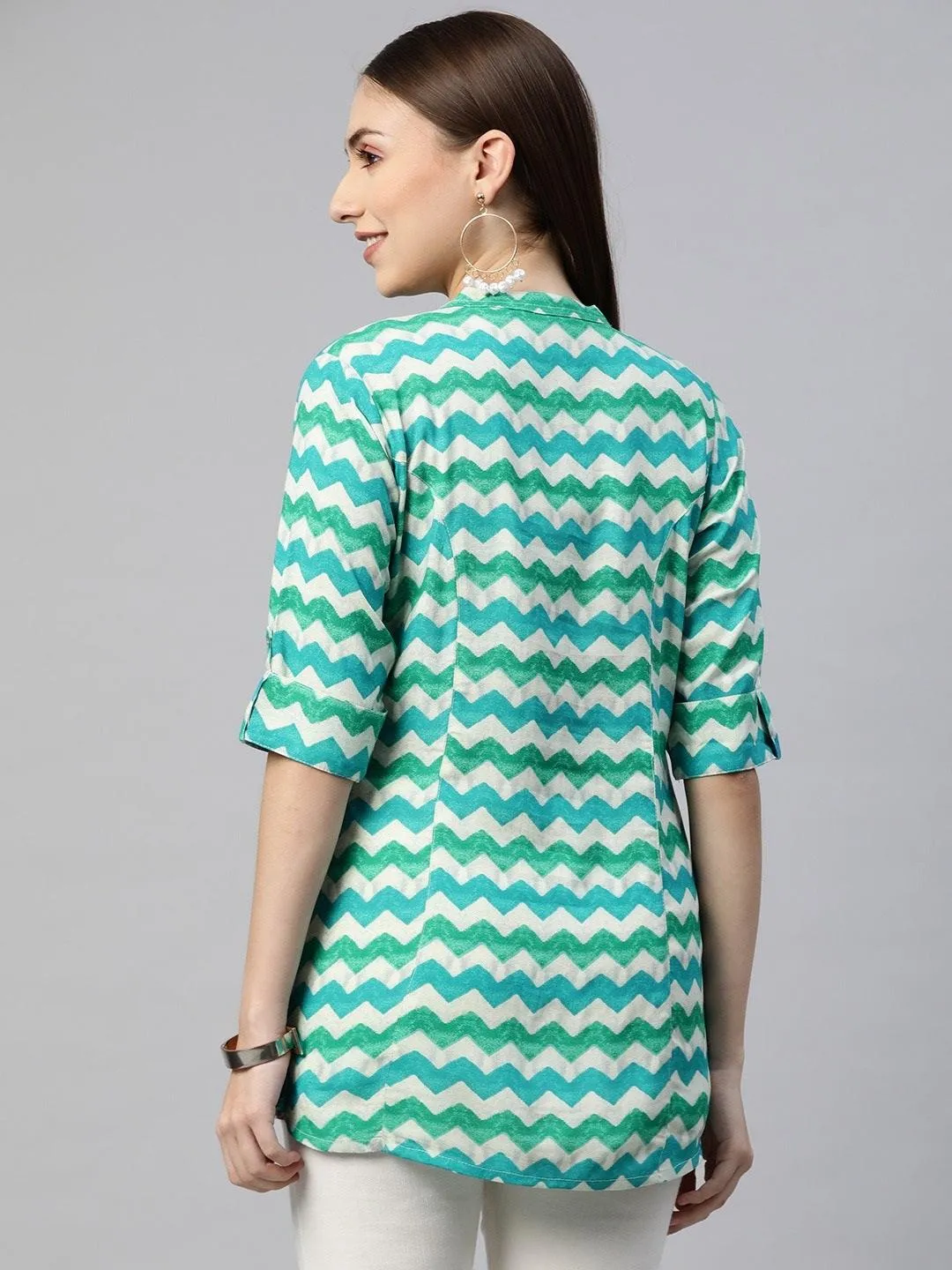 Teal Blue Geometric Rayon A-Line Shirts Style Top